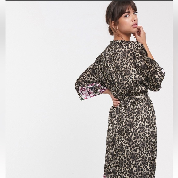 Dorina Dolores leopard print floral trim kimono robe Large Pink Brown No belt - Picture 4 of 12